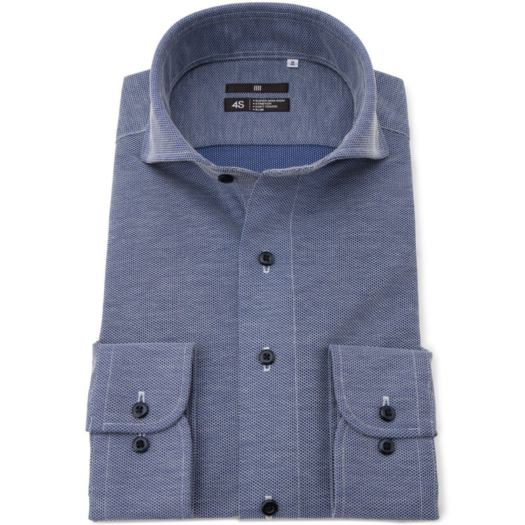 ブラックライン 【発送在庫あり】【BLACK LINE】ホリゾンタルワイドワイシャツ/ネイビー×ドビー/「4S HONEYCOMB MESH」スーパーノンアイロン・ストレッチ 紺中間