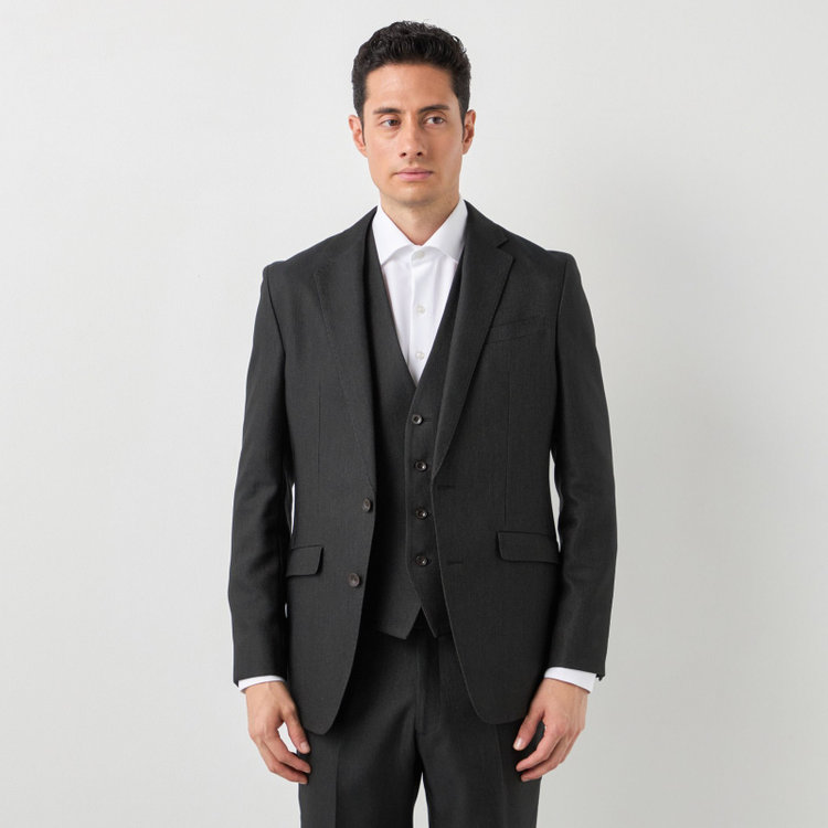 ブラックライン 【SLIM TAPERED】【年間】 2釦シングルスリーピーススーツ 0タック/ ダークブラウン×デジタルデニム  /ウエストシャーリング/ 4S TAKE OUT SUITS / ※パンツ裾上げ済仕様 緑濃色