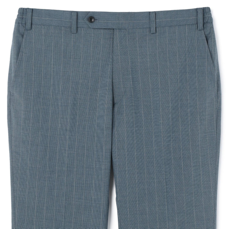 ブラックライン 【SLIM TAPERED_2】【春夏】2釦シングルスーツ 0タック/ブルー×ストライプ/ウエストシャーリング/4S SUSTAINABILITY&ECOLOGY FABRIC/ウォッシャブル/※パンツ裾上げ済仕様 緑中間