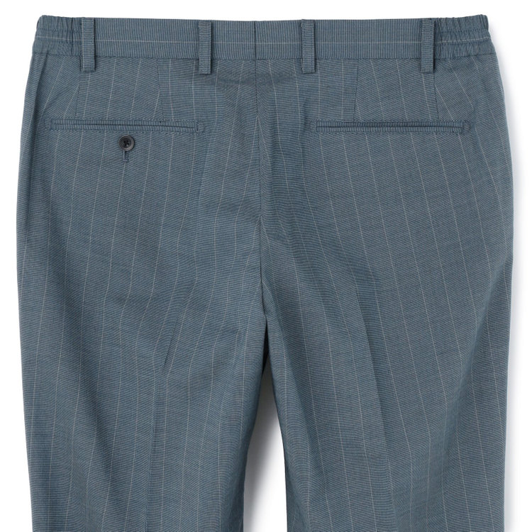 ブラックライン 【SLIM TAPERED_2】【春夏】2釦シングルスーツ 0タック/ブルー×ストライプ/ウエストシャーリング/4S SUSTAINABILITY&ECOLOGY FABRIC/ウォッシャブル/※パンツ裾上げ済仕様 緑中間