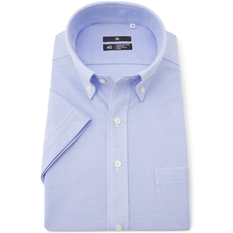 ブラックライン 【発送在庫あり】【BLACK LINE/半袖】ボタンダウンワイシャツ/ブルー×ドビー/「4S HONEYCOMB MESH」スーパーノンアイロン・ストレッチ 青中間