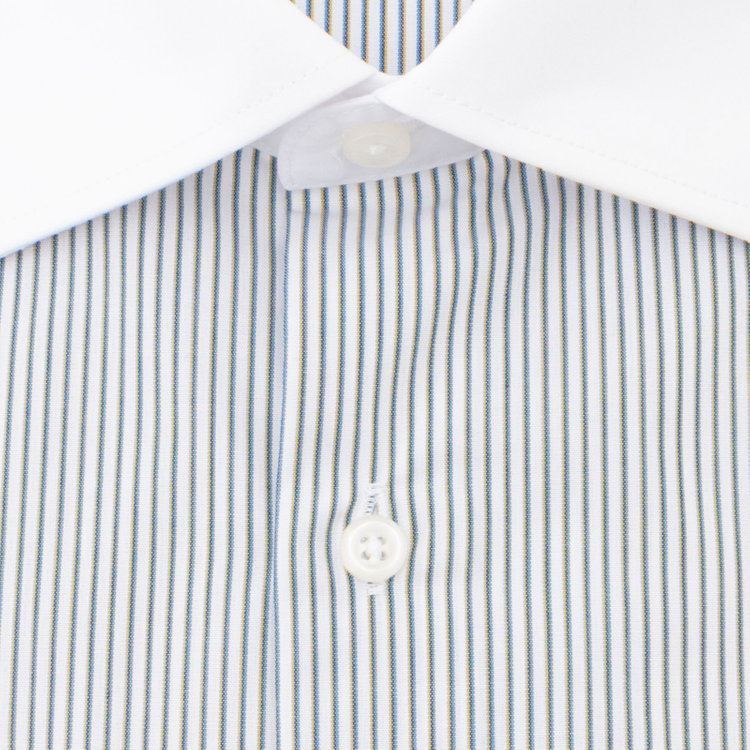 ブラックライン 【発送在庫あり】【BLACK LINE】【形態安定】クレリックワイドカラードレスワイシャツ/襟袖口：ホワイト+ホワイト×ブラックストライプ 青中間