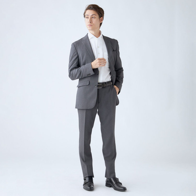 ブラックライン 【SLIM TAPERED_2】【年間】2釦シングルスーツ 0タック/グレー/ウエストシャーリング/4S SUSTAINABILITY&ECOLOGY FABRIC/ウォッシャブル/※パンツ裾上げ済仕様 グレー中間