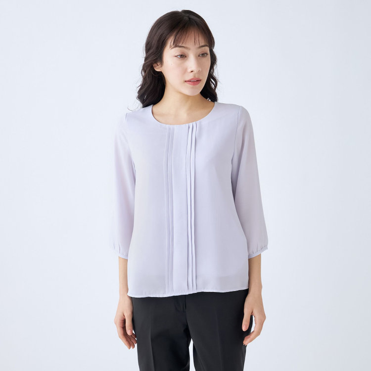 シルバーライン 【SILVER LINE/7分袖】フロントプリーツクルーネックプルオーバー/ラベンダー/「ウォッシャブル可能」「防シワ」 紫淡色