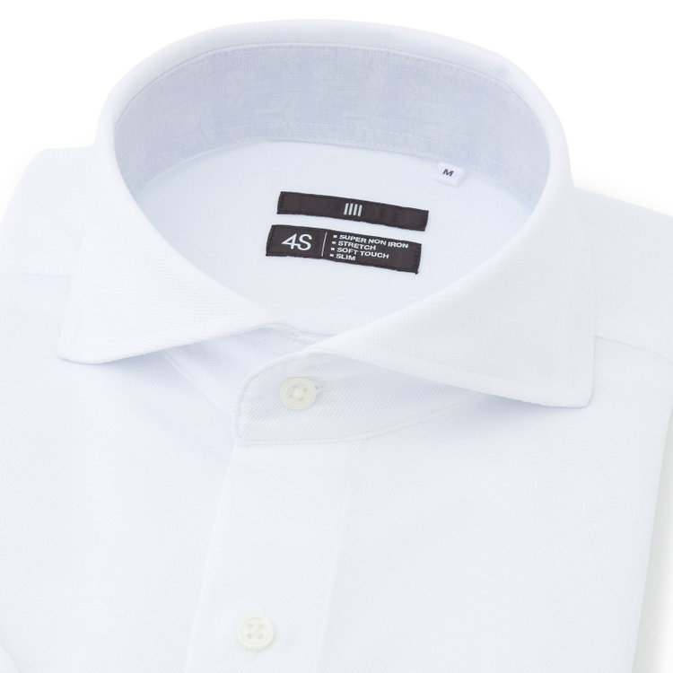 SUIT SELECT　アウトレット 【WEB限定/OUTLET/汚れ・キズ等有】【BLACK LINE/半袖】ホリゾンタルワイドワイシャツ/ホワイト×ドビー/襟裏別布/「氷撃」冷感PRINT「4S」スーパーノンアイロン・ストレッチ 白