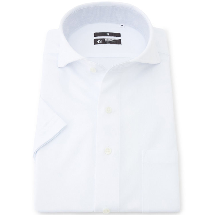 SUIT SELECT　アウトレット 【WEB限定/OUTLET/汚れ・キズ等有】【BLACK LINE/半袖】ホリゾンタルワイドワイシャツ/ホワイト×ドビー/襟裏別布/「氷撃」冷感PRINT「4S」スーパーノンアイロン・ストレッチ 白