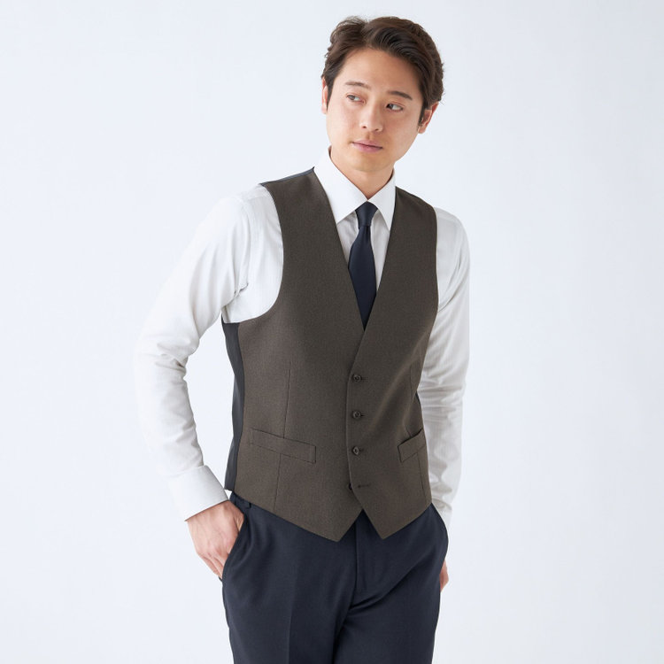 ブラックライン 【SLIM TAPERED_2】【年間】2釦シングルスリーピーススーツ 0タック/ネイビー/ウエストシャーリング/4S SUSTAINABILITY&ECOLOGY FABRIC/リバーシブルベスト仕様（グレー）/※パンツ裾上げ済仕様 紺濃色