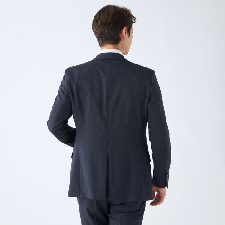 ブラックライン 【SLIM TAPERED_2】【年間】2釦シングルスリーピーススーツ 0タック/ネイビー/ウエストシャーリング/4S SUSTAINABILITY&ECOLOGY FABRIC/リバーシブルベスト仕様（グレー）/※パンツ裾上げ済仕様 紺濃色