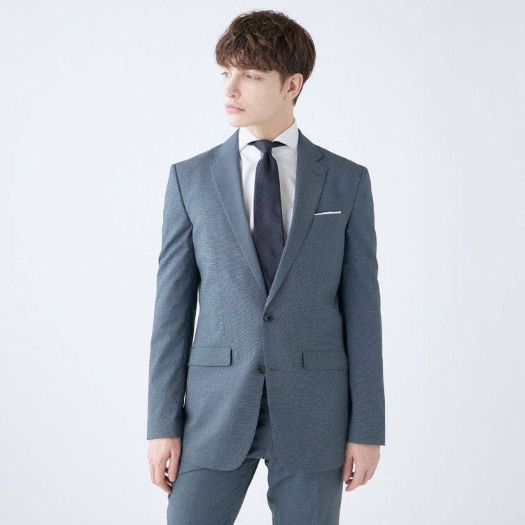 ブラックライン 【SLIM TAPERED_2】【春夏】2釦シングルスーツ 0タック/ブルー/ウエストシャーリング/4S SUSTAINABILITY&ECOLOGY FABRIC/ウォッシャブル/※パンツ裾上げ済仕様 緑中間