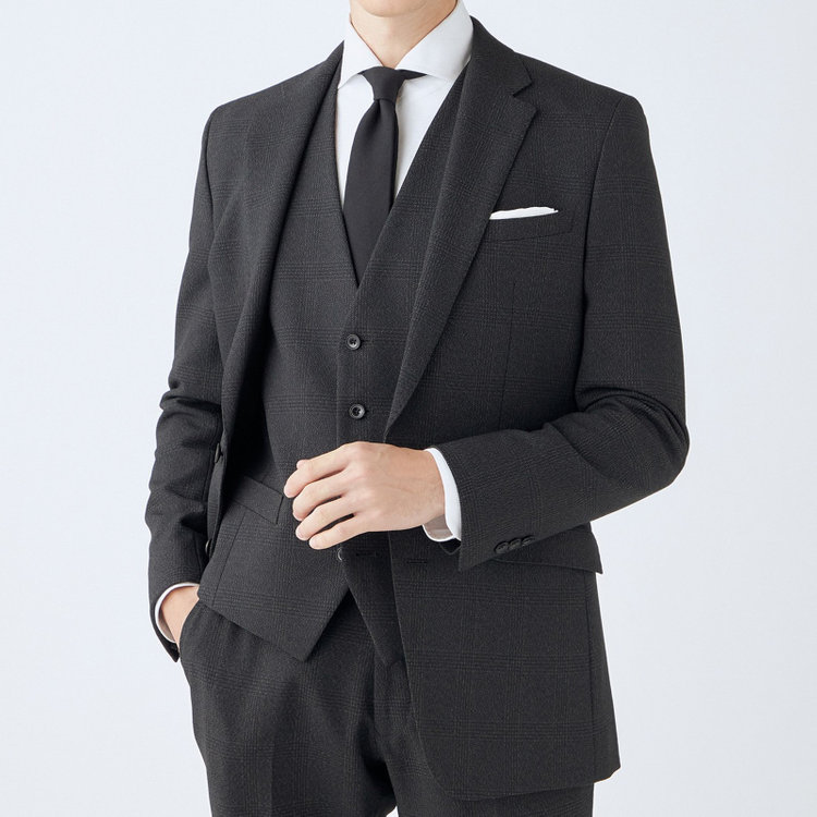 ブラックライン 【SLIM TAPERED_2】【秋冬】2釦シングルスリーピーススーツ 0タック/グレー×チェック/ウエストシャーリング/4S SUSTAINABILITY&ECOLOGY FABRIC/※パンツ裾上げ済仕様 グレー濃色