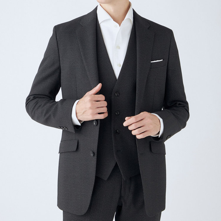 ブラックライン 【SLIM TAPERED_2】【秋冬】2釦シングルスリーピーススーツ 0タック/グレー×チェック/ウエストシャーリング/4S SUSTAINABILITY&ECOLOGY FABRIC/※パンツ裾上げ済仕様 グレー濃色