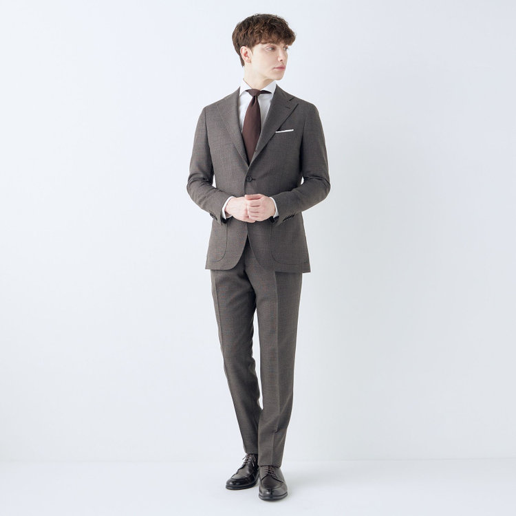 シルバーライン 【CLASSICO TAPERED】【春夏】3釦段返りシングルスーツ 2タック/ブラウン/パッチポケット/ウエストムーブ仕様/MARZOTTO/※パンツ裾直し必要 茶濃色