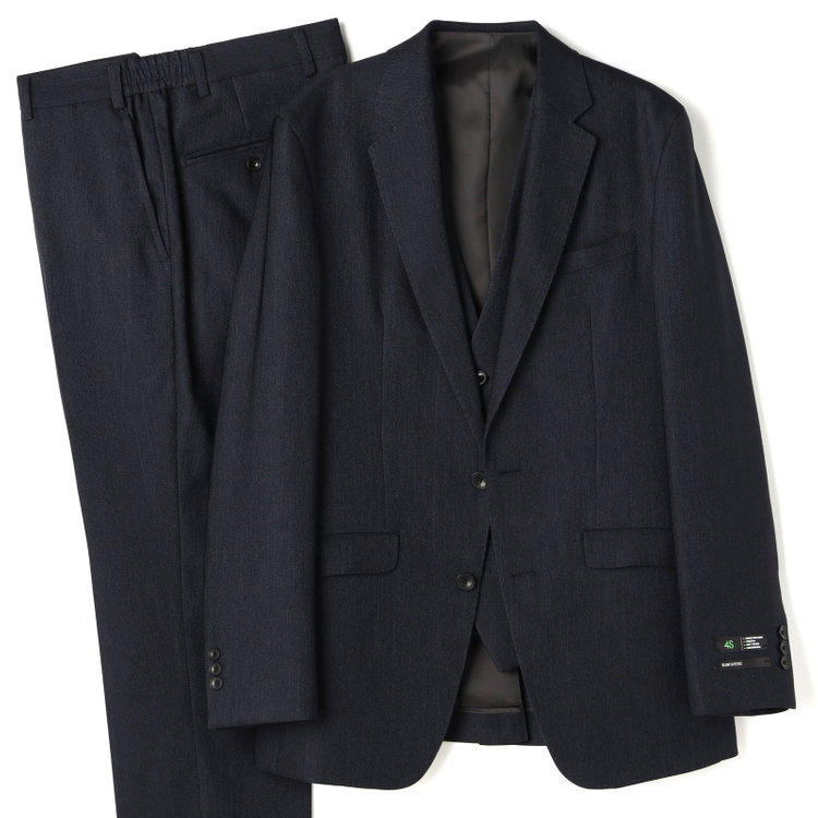 ブラックライン 【SLIM TAPERED】【年間】 2釦シングルスリーピーススーツ 0タック/ ダークネイビー×デジタルデニム  /ウエストシャーリング/ 4S TAKE OUT SUITS / ※パンツ裾上げ済仕様 紺濃色
