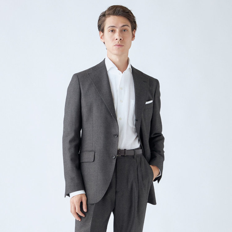 シルバーライン 【発送在庫あり】【CLASSICO TAPERED】【秋冬】3釦段返りシングルスーツ 2タック/グレー×ヘリンボーン/ウエストムーブ/MARZOTTO/※裾上げ必要 グレー濃色