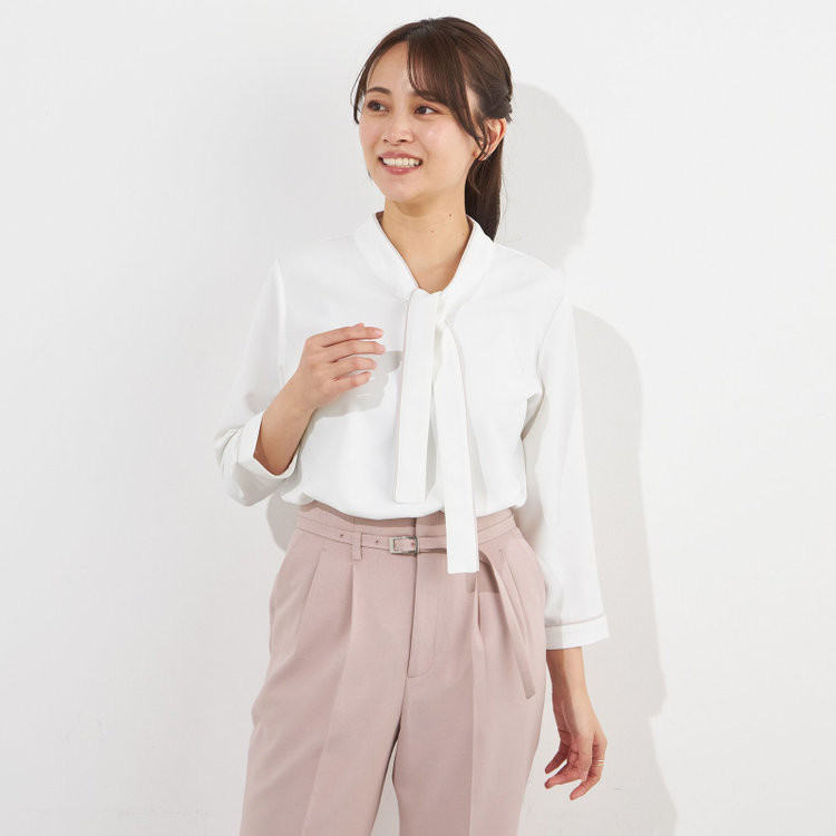【WEB限定/OUTLET/汚れ・キズ等有】【SILVER LINE/7分袖】配色ボウタイプルオーバー/ホワイト+ベージュ/「ウォッシャブル」「ストレッチ」「防シワ」「UV加工」「静電気防止」