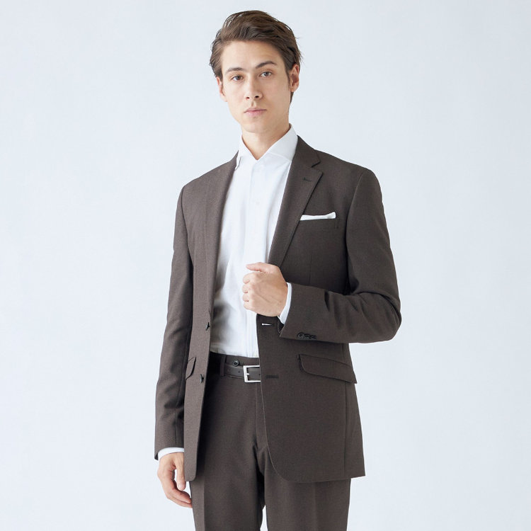 ブラックライン 【SLIM TAPERED_2】【年間】2釦シングルスーツ 0タック/ブラウン/ウエストシャーリング/4S SUSTAINABILITY&ECOLOGY FABRIC/ウォッシャブル/※パンツ裾上げ済仕様 茶中間
