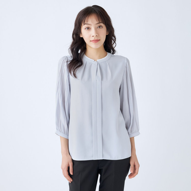 シルバーライン 【SILVER LINE/7分袖】配色切り替えバンドカラープルオーバー/グレー/「ウォッシャブル可能」「2WAYストレッチ」「防シワ」「UV加工」「接触冷感」 グレー淡色