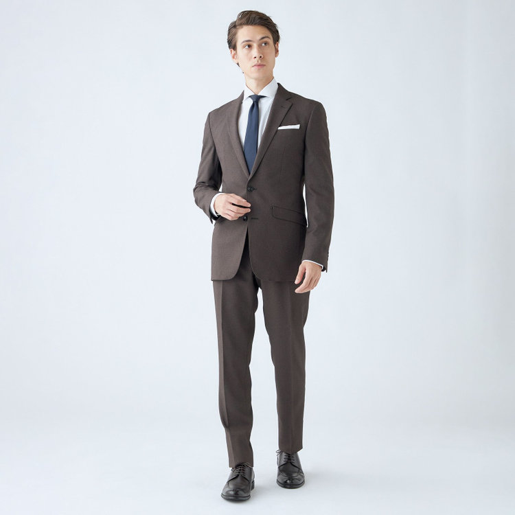 ブラックライン 【SLIM TAPERED_2】【年間】2釦シングルスーツ 0タック/ブラウン/ウエストシャーリング/4S SUSTAINABILITY&ECOLOGY FABRIC/ウォッシャブル/※パンツ裾上げ済仕様 茶中間