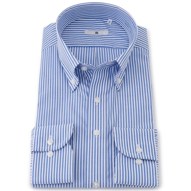 シルバーライン 【発送在庫あり】【SILVER LINE】【形態安定】ボタンダウンドレスワイシャツ/ホワイト＆ブルー×ストライプ 青濃色