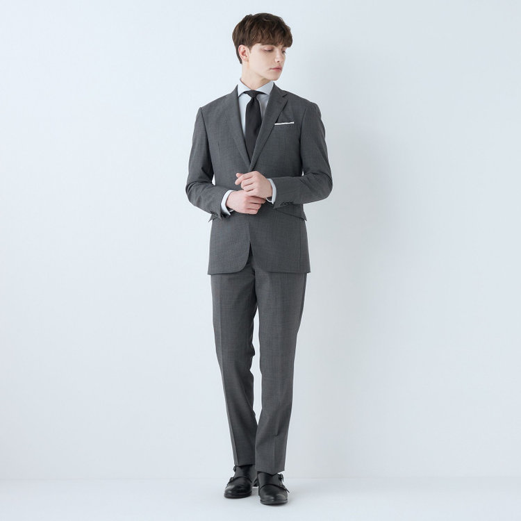ブラックライン 【KSW】【春夏】スペアパンツ付き/2釦シングルスーツ 0タック/グレー×チェック/WASHABLE SUIT/※パンツ裾直し必要 グレー中間