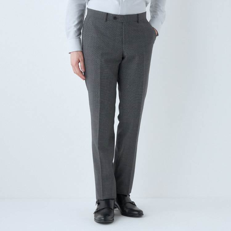 ブラックライン 【KSW】【春夏】スペアパンツ付き/2釦シングルスーツ 0タック/グレー×チェック/WASHABLE SUIT/※パンツ裾直し必要 グレー中間