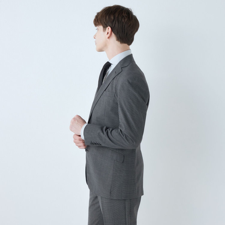 ブラックライン 【KSW】【春夏】スペアパンツ付き/2釦シングルスーツ 0タック/グレー×チェック/WASHABLE SUIT/※パンツ裾直し必要 グレー中間