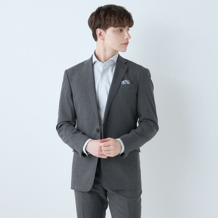 ブラックライン 【KSW】【春夏】スペアパンツ付き/2釦シングルスーツ 0タック/グレー×チェック/WASHABLE SUIT/※パンツ裾直し必要 グレー中間