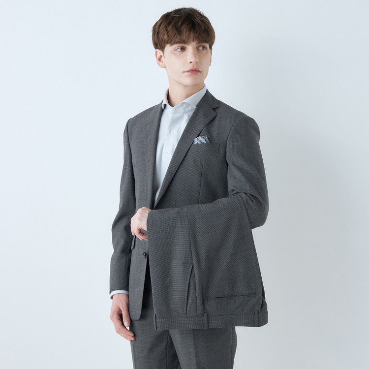ブラックライン 【KSW】【春夏】スペアパンツ付き/2釦シングルスーツ 0タック/グレー×チェック/WASHABLE SUIT/※パンツ裾直し必要 グレー中間