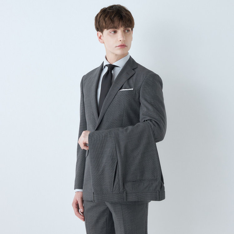 ブラックライン 【KSW】【春夏】スペアパンツ付き/2釦シングルスーツ 0タック/グレー×チェック/WASHABLE SUIT/※パンツ裾直し必要 グレー中間