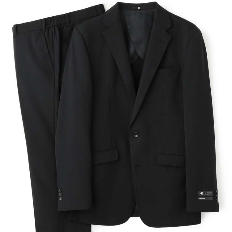 ブラックライン 【SLIM TAPERED_2】【年間】2釦シングルテーパードパンツスーツ 0タック/ブラック×シャドーストライプ/ウエストシャーリング/4S/※パンツ裾上げ済仕様 黒