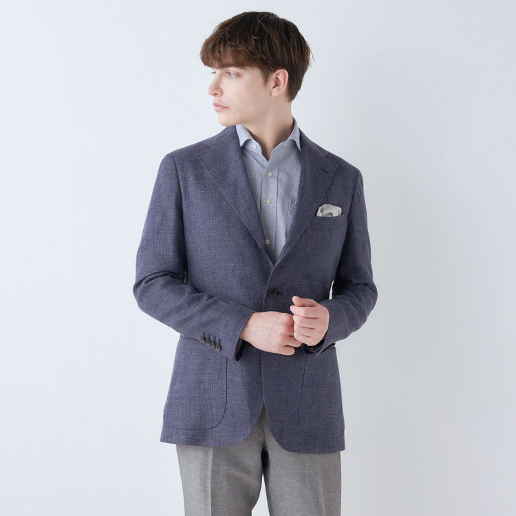 シルバーライン 【CLASSICO TAPERED】【春夏】リネンウール3釦段返りシングルジャケット/ネイビー/パッチポケット/MARZOTTO 青中間