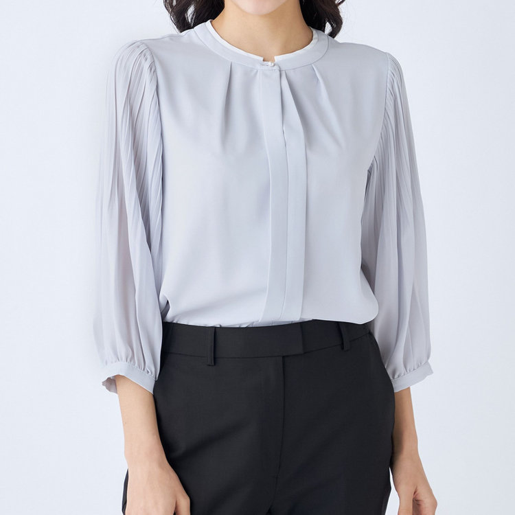 シルバーライン 【SILVER LINE/7分袖】配色切り替えバンドカラープルオーバー/グレー/「ウォッシャブル可能」「2WAYストレッチ」「防シワ」「UV加工」「接触冷感」 グレー淡色