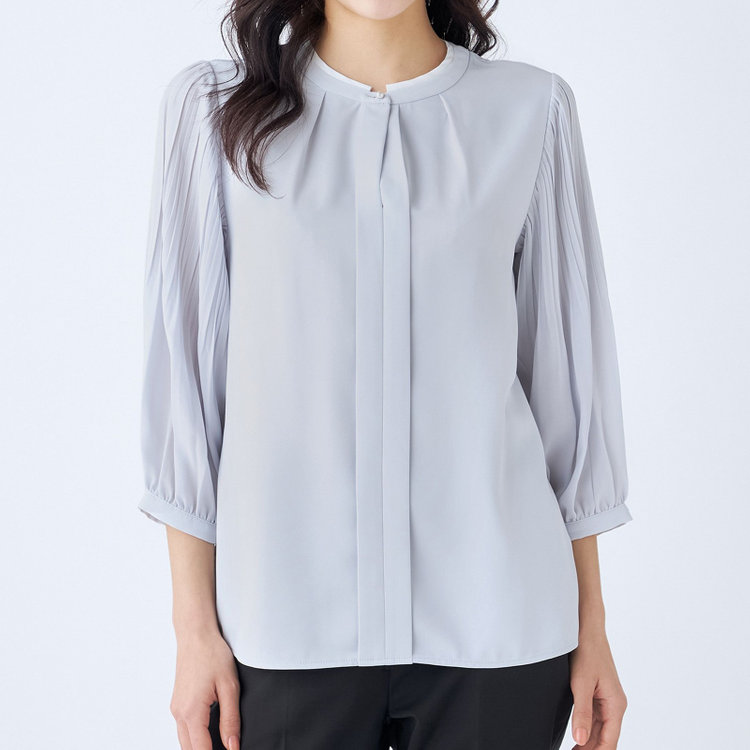 シルバーライン 【SILVER LINE/7分袖】配色切り替えバンドカラープルオーバー/グレー/「ウォッシャブル可能」「2WAYストレッチ」「防シワ」「UV加工」「接触冷感」 グレー淡色