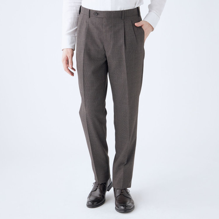 シルバーライン 【CLASSICO TAPERED】【春夏】3釦段返りシングルスーツ 2タック/ブラウン×ハウンドトゥース/ウエストムーブ/NEW ZEALAND WOOL MIX/※裾上げ必要 茶中間
