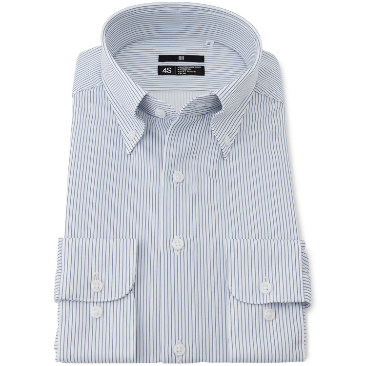 ブラックライン 【発送在庫あり】【WEB限定】【BLACK LINE】ボタンダウンワイシャツ/ホワイト×ネイビーストライプ/「4S」スーパーノンアイロン・ストレッチ 青中間
