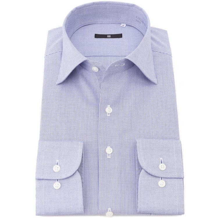 ブラックライン 【発送在庫あり】【BLACK LINE】【形態安定】クレリックワイドカラードレスワイシャツ/襟袖口：ブルーー+ブルー×チェック 青中間