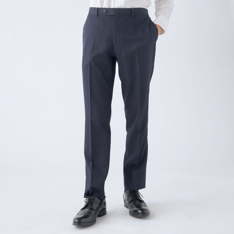 ブラックライン 【WEB限定】【発送在庫あり】【SLIM TAPERED】【年間】ウォッシャブル0タックテーパードパンツ/ネイビー×シャドーストライプ/ウエストシャーリング仕様/裾上げ済仕様 紺中間