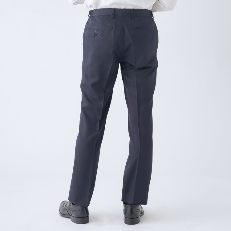 ブラックライン 【WEB限定】【発送在庫あり】【SLIM TAPERED】【年間】ウォッシャブル0タックテーパードパンツ/ネイビー×シャドーストライプ/ウエストシャーリング仕様/裾上げ済仕様 紺中間