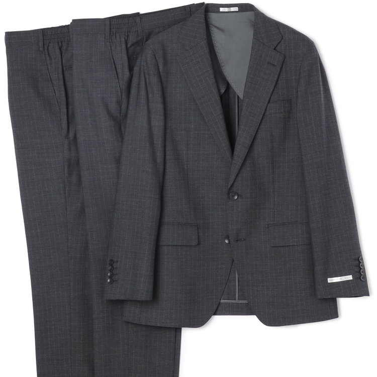 シルバーライン 【CLASSICO TAPERED】【年間】スペアパンツ付き/2釦シングルスーツ 1タック/グレー×ストライプ/ウエストシャーリング仕様/ウォッシャブル/※裾上げ必要 グレー中間