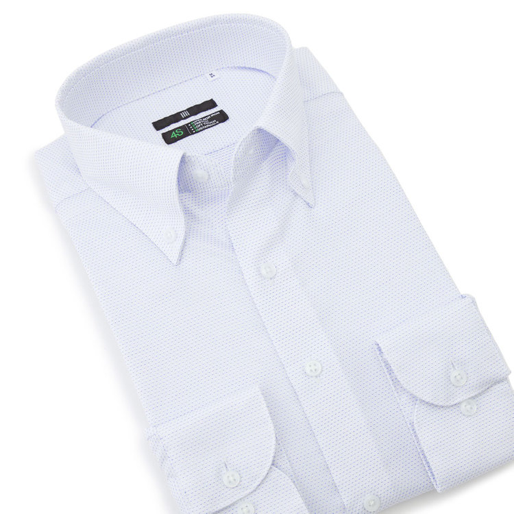 スーツセレクト 【発送在庫あり】【BLACK LINE】ボタンダウンワイシャツ/ホワイト×ブルー刺し子/「4S COTTON」スーパーノンアイロン・ストレッチ 青中間