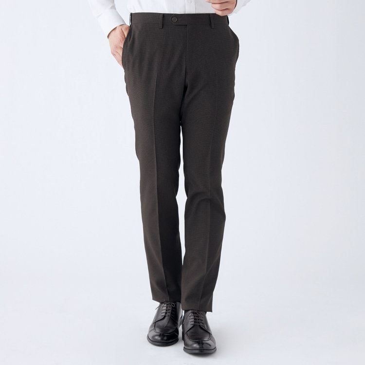 ブラックライン 【SLIM TAPERED】【春夏】0タックテーパードパンツ/ブラウン＆ブラック×ハウンドトゥース/ウエストムーブ/ウォッシャブル/4S SUSTAINABILITY&ECOLOGY FABRIC/※裾上げ必要 茶中間