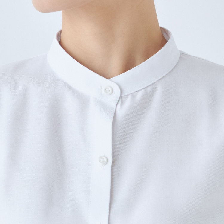 シルバーライン 【SL/7分袖】バンドカラーブラウス/ホワイト×ドビーツイル/TOUGH BUTTON・NON IRON 白