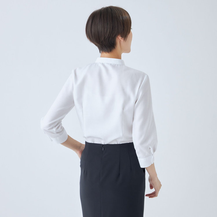 シルバーライン 【SL/7分袖】バンドカラーブラウス/ホワイト×ドビーツイル/TOUGH BUTTON・NON IRON 白