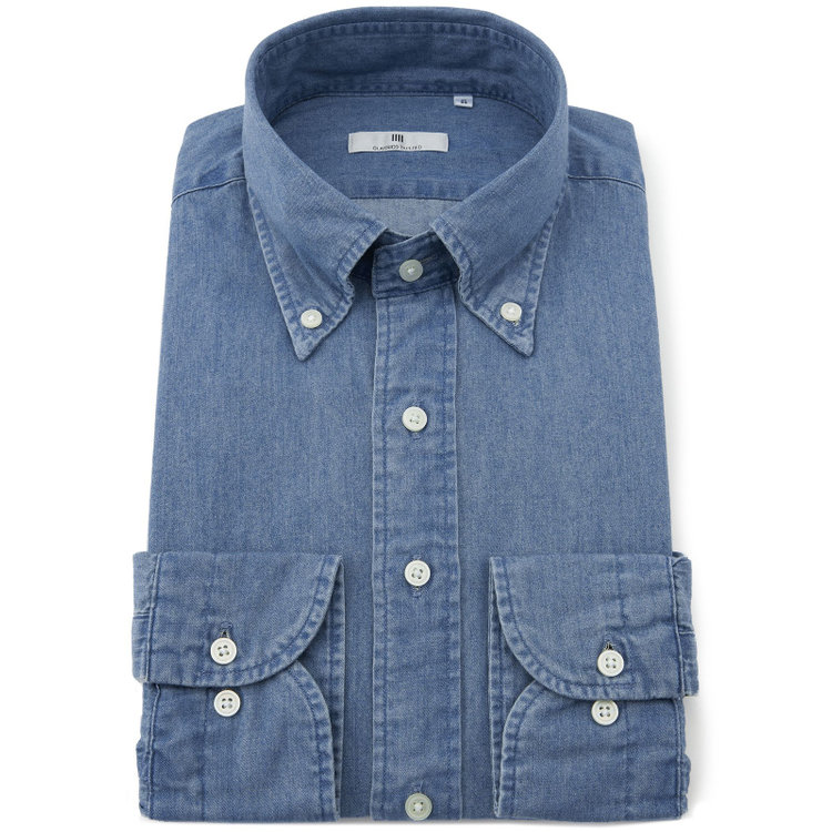 シルバーライン 【発送在庫あり】【CLASSICO TAPERED】ボタンダウンワイシャツ/ブルー/インディゴ染 青中間