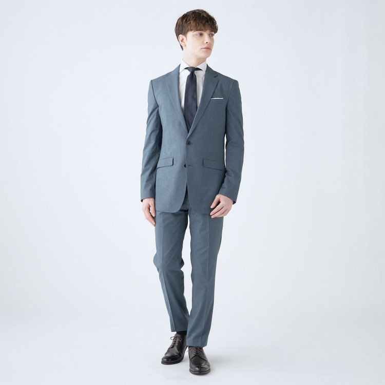 ブラックライン 【SLIM TAPERED_2】【春夏】2釦シングルスーツ 0タック/ブルー/ウエストシャーリング/4S SUSTAINABILITY&ECOLOGY FABRIC/ウォッシャブル/※パンツ裾上げ済仕様 緑中間