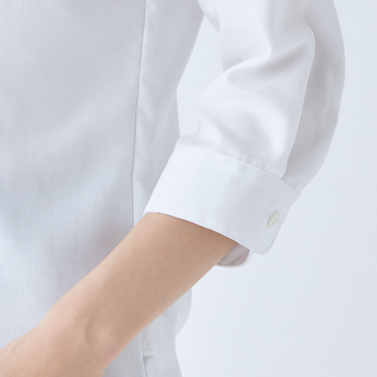 シルバーライン 【SL/7分袖】バンドカラーブラウス/ホワイト×ドビーツイル/TOUGH BUTTON・NON IRON 白