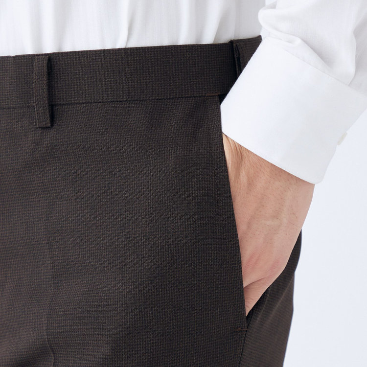 ブラックライン 【SLIM TAPERED】【春夏】0タックテーパードパンツ/ブラウン＆ブラック×ハウンドトゥース/ウエストムーブ/ウォッシャブル/4S SUSTAINABILITY&ECOLOGY FABRIC/※裾上げ必要 茶中間