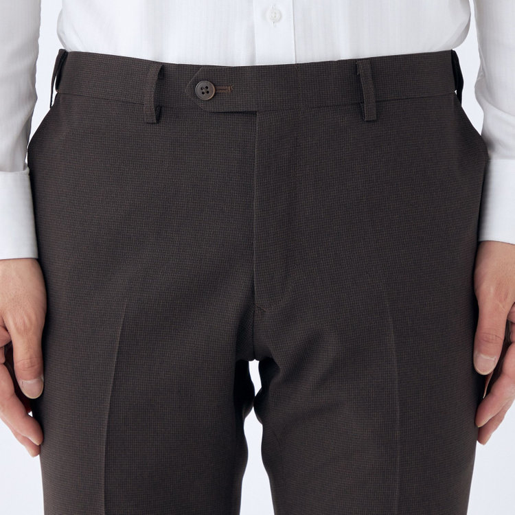ブラックライン 【SLIM TAPERED】【春夏】0タックテーパードパンツ/ブラウン＆ブラック×ハウンドトゥース/ウエストムーブ/ウォッシャブル/4S SUSTAINABILITY&ECOLOGY FABRIC/※裾上げ必要 茶中間