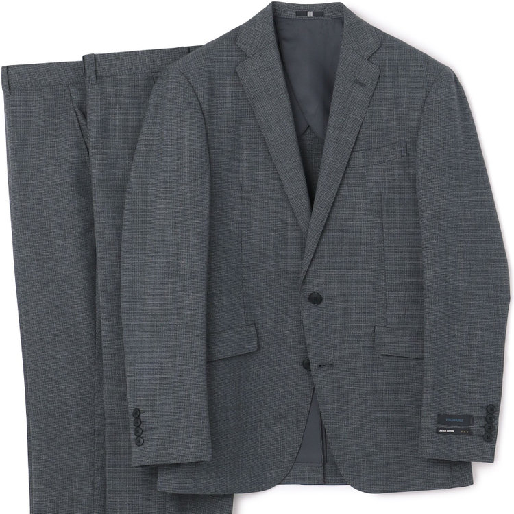 ブラックライン 【KSW】【春夏】スペアパンツ付き/2釦シングルスーツ 0タック/グレー×チェック/WASHABLE SUIT/※パンツ裾直し必要 グレー中間