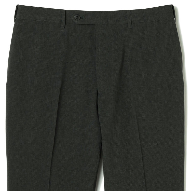 ブラックライン 【SLIM TAPERED】【春夏】0タックテーパードパンツ/カーキ×ハウンドトゥース/ウエストムーブ/4S SUSTAINABILITY&ECOLOGY FABRIC「ウォッシャブル」「ストレッチ」/※裾上げ済み仕様 緑濃色